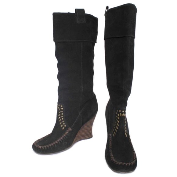 SAM EDELMAN Black ‘Alabama’ Suede Studded Knee High Moccasin Wedge Boots Size 8 - Picture 1 of 8